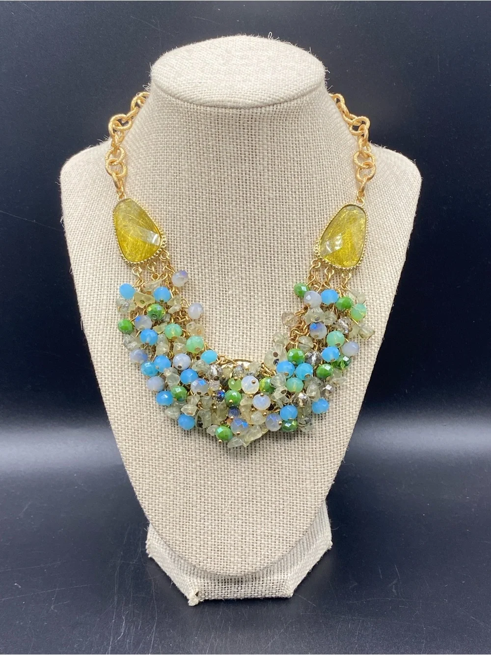 JANICE KEELER Glass Beads Statement Necklace Gold Tone Blue Green
